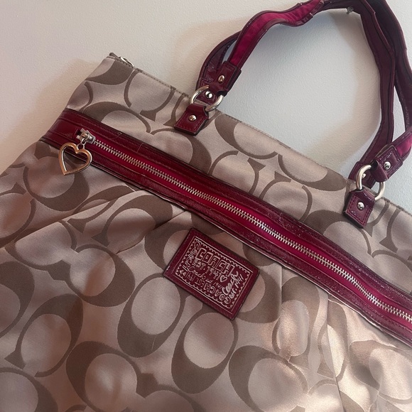 Y2K Authentic Coach Daisy Signature Tote Bag Brown Red Trim #H1257 -F20026 - Picture 6 of 15